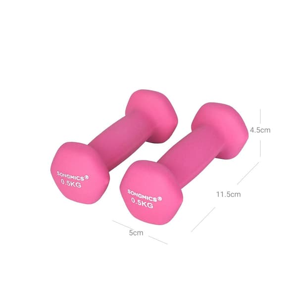 Set med 2 hantlar, 2 x 0,5 kg halkfria handvikter i neopren med matt yta, hemmaträning, fitness, rosa