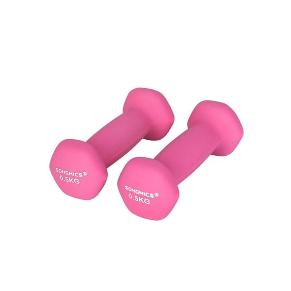 Set med 2 hantlar, 2 x 0,5 kg halkfria handvikter i neopren med matt yta, hemmaträning, fitness, rosa