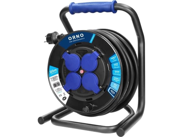 Orno Professional IP44 kelan jatke, 4 pistorasiaa 2P+Z, öljynkestävä kumikaapeli, H07RN-F 3x2,5mm?, pituus 20m, ainutlaatuinen CUBE-teline, KIINNITET