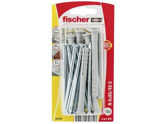 Fischer 84335, Kit med skruvar och ankare, Autoklaverad lättbetong, Tegel, Betong, Nylon, Grå, Förzinkat stål, Pozidriv