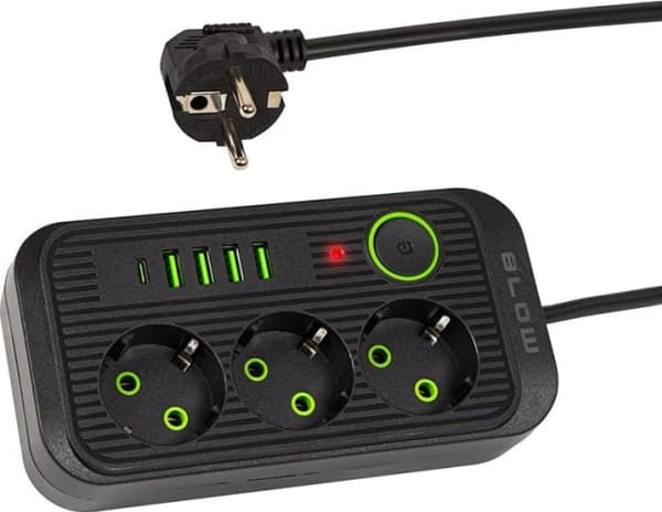 Blow 98-235# Förlängningskabel ps-350u 3-socket 4xusb 1xusb-c 5m svart 2x1mm