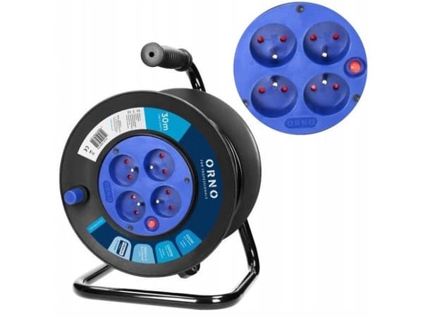 Orno Drum jatkojohto, 4 pistorasiaa 2P + Z, PVC H05VV-F 3x1,0mm?Kaapeli, pituus 30m, termopari, ikkunavirtapiireille.
