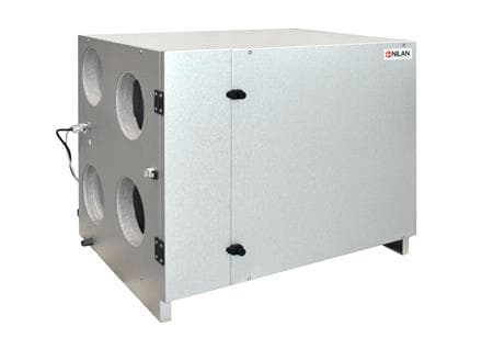 Ventilationsanlæg Nilan Comfort 350R, loftmodel med CTS602 styring og HMI panel. Luftmængde 325 m³/h v/100 Pa og SEL 1000 J/m³.