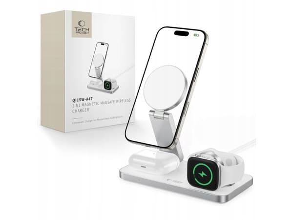 Tech-Protect QI15W-A47 3in1 magneettinen MagSafe langaton laturi valkoinen