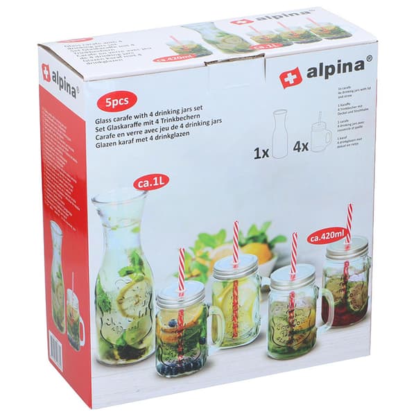 Alpina - Sarja lasijuomapurkkeja pilleillä 4 kpl karahvilla 1 l