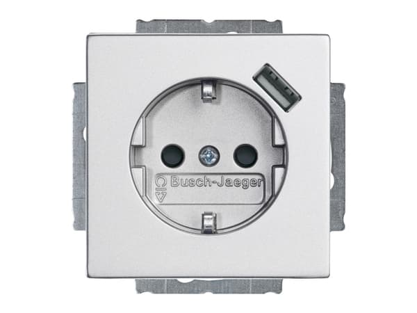 Busch-Jaeger 20 EUCBUSB-83, CEE 7/3 + USB, 2P+E, USB 2.0, 5 - 35 °C, Hopea, Muovi Hopea