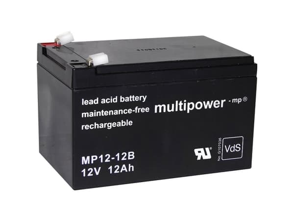 multipower MP12-12B Blybatteri 12 V 12 Ah Blyfleece (B x H x T) 98 x 98 x 151 mm Fladstik 6,35 mm Vedligeholdelsesfri, Lav selvafladning, VDS-certifi