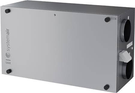 Systemair VSR400 ventilationssystem inkl. SAVE Connect för App-styrning och 1670W VF. Luftflöde 252 m³/h vid 125 Pa och SEL 1000 J/m³.