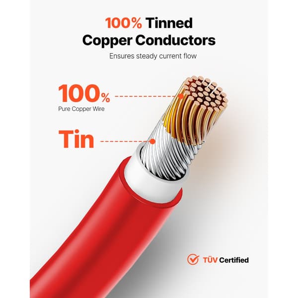 100FT Solpanel Forlængerkabel 10AWG, Vandtæt PV 6mm² Kabel, Rød Farve