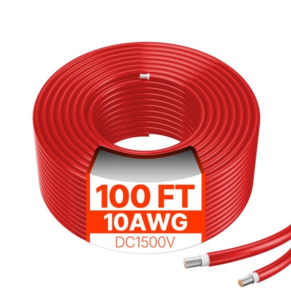 100FT Solpanel Forlængerkabel 10AWG, Vandtæt PV 6mm² Kabel, Rød Farve