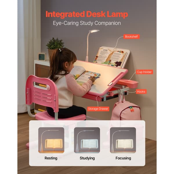 Børnestol og skrivebordssæt, Bordlampe, Justerbar Højde & Hældende Desktop, Pink
