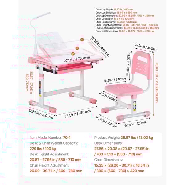 Børnestol og skrivebordssæt, Bordlampe, Justerbar Højde & Hældende Desktop, Pink