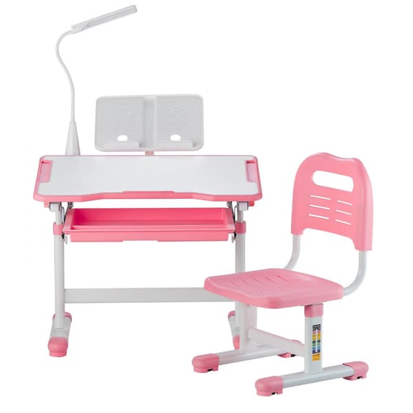 Børnestol og skrivebordssæt, Bordlampe, Justerbar Højde & Hældende Desktop, Pink