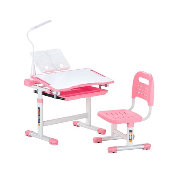 Børnestol og skrivebordssæt, Bordlampe, Justerbar Højde & Hældende Desktop, Pink