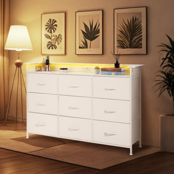 9-Skuffe Kommode, Høj Stof Skuffe Kommode, LED & Outlet, Hvid Farve