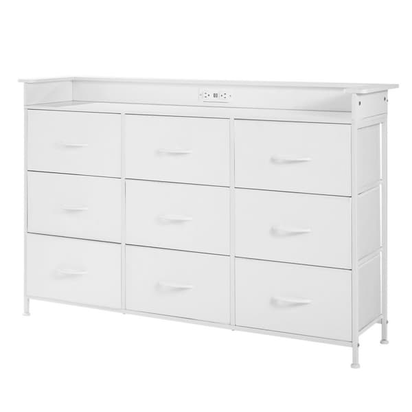 9-Skuffe Kommode, Høj Stof Skuffe Kommode, LED & Outlet, Hvid Farve
