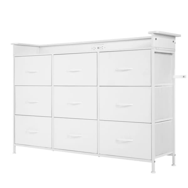 9-Skuffe Kommode, Høj Stof Skuffe Kommode, LED & Outlet, Hvid Farve