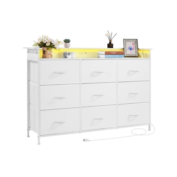 9-Skuffe Kommode, Høj Stof Skuffe Kommode, LED & Outlet, Hvid Farve