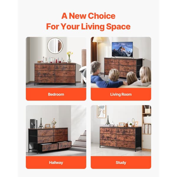 6 Skuffe Kommodeskab, TV-Stand med Stålramme, Rustik Brun Farve, Robust Design, Generøs Lagerplads