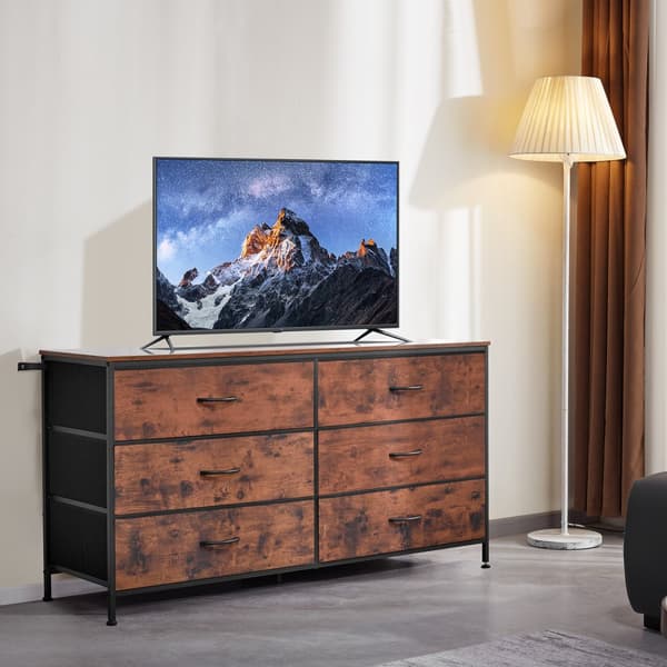6 Skuffe Kommodeskab, TV-Stand med Stålramme, Rustik Brun Farve, Robust Design, Generøs Lagerplads