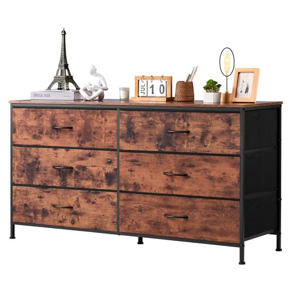 6 Skuffe Kommodeskab, TV-Stand med Stålramme, Rustik Brun Farve, Robust Design, Generøs Lagerplads