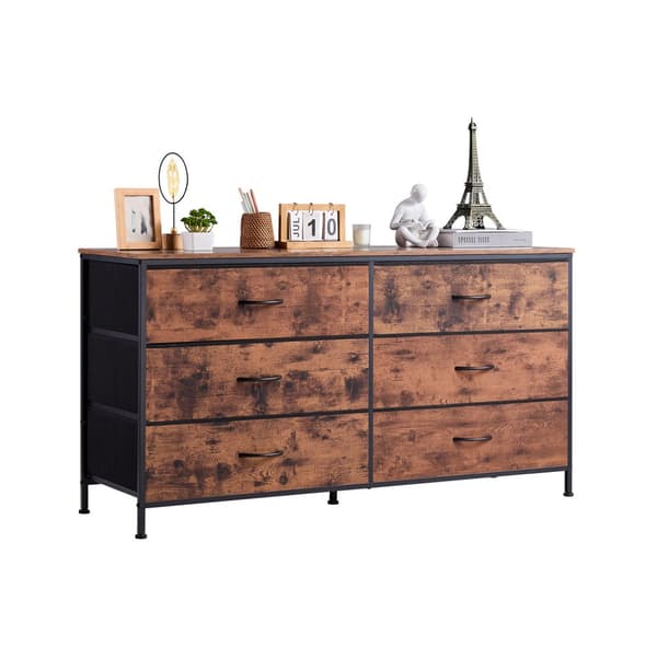 6 Skuffe Kommodeskab, TV-Stand med Stålramme, Rustik Brun Farve, Robust Design, Generøs Lagerplads