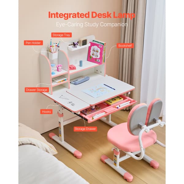 Børnestudiestol og Skrivebord, med Bogreol & Skuffe, Højdejusterbar, Pink