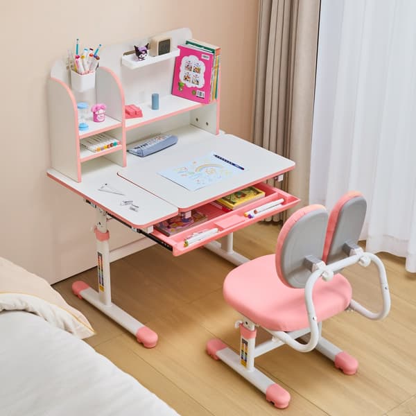 Børnestudiestol og Skrivebord, med Bogreol & Skuffe, Højdejusterbar, Pink