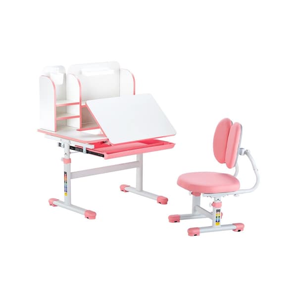 Børnestudiestol og Skrivebord, med Bogreol & Skuffe, Højdejusterbar, Pink