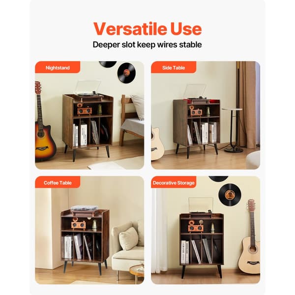 3-Lags Pladespiller med LED Lys og USB porte, Vinylhylde i Træ, Brun Farve