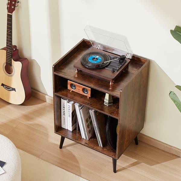3-Lags Pladespiller med LED Lys og USB porte, Vinylhylde i Træ, Brun Farve