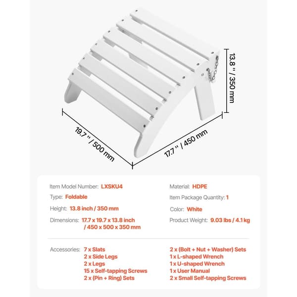 Adirondack-jalkatuki, 17,7 L x 19,7 W x 13,8 H tuuman, HDPE-materiaali, taitettava, valkoinen