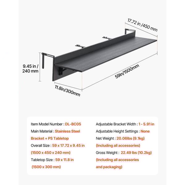 Parvekkeen Riippupöytä 12x48, Patio-Kaide Baaripöytä, Taitettava Malli
