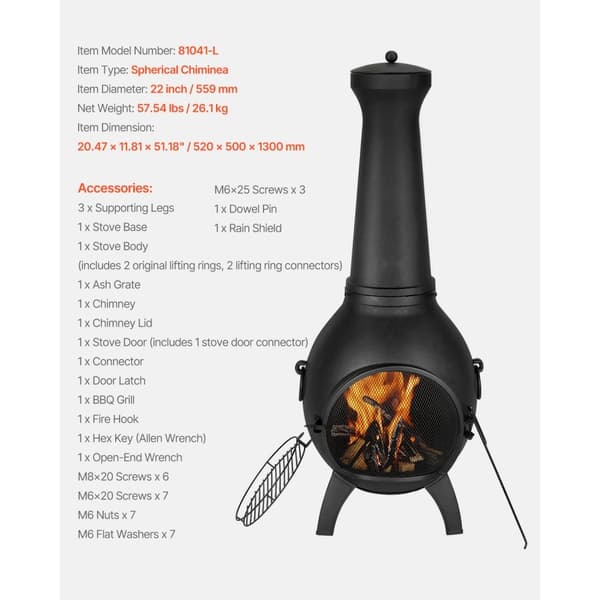 22 tommer Chiminea, Udendørs Aluminium Pejs, med Grillnet og Skorstensbelægning