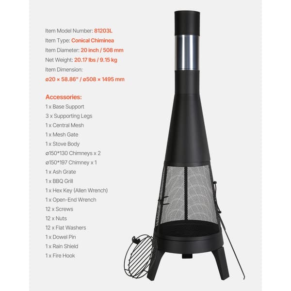 Chiminea utomhuseldstad 20 tum, vedeldad, med grillnät och skorstensbeläggning