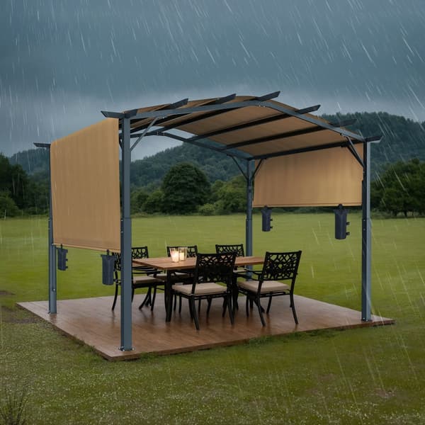 10x12 ft Utomhuspergola med Baldakin, Utfällbar Bågformad Metallpergola, Robust och Väderbeständig