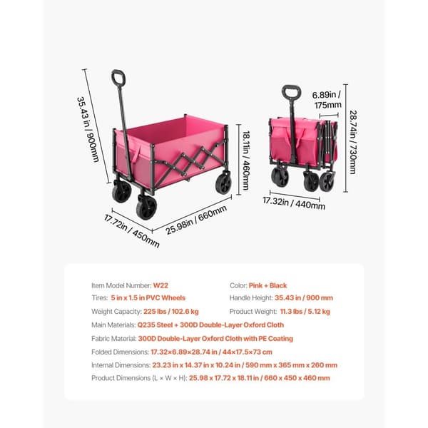 Hopfällbar trädgårdsvagn 120L & 225LBS, Kraftfulla tunga vagnar, Rosa färg