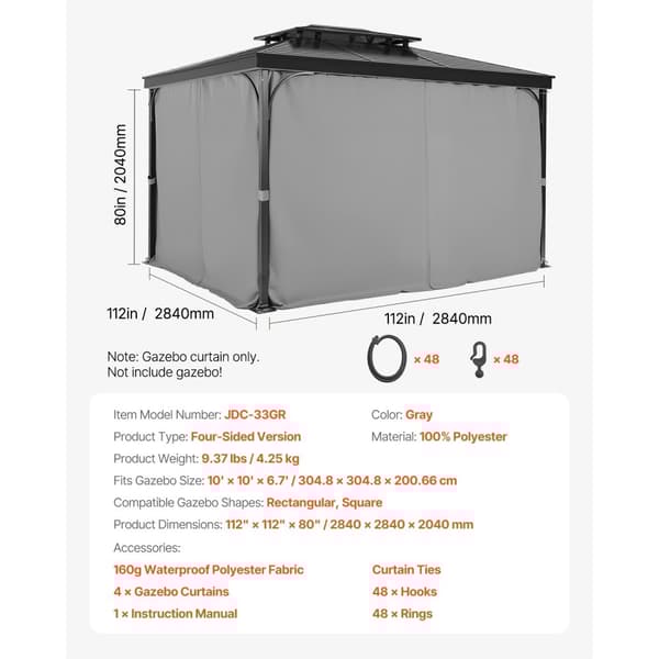Yksityisyysverho Gazebo, malli 10' x 10' x 6,7', Vedenpitävä, Harmaa