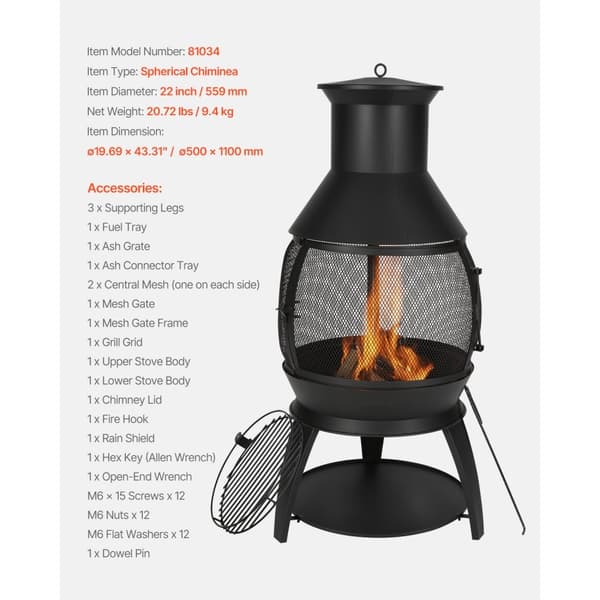22-tums Chiminea Utomhusspis i Järn, med Grillnät och Skorstensbeläggning, Robust och Väderbeständig