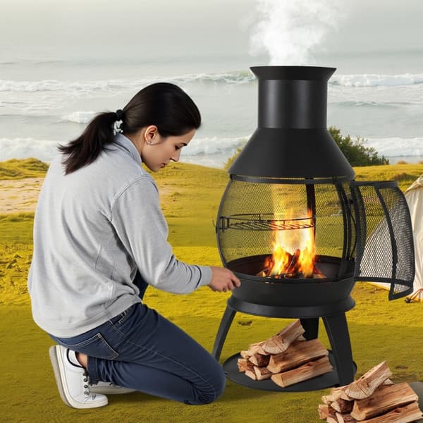 22-tums Chiminea Utomhusspis i Järn, med Grillnät och Skorstensbeläggning, Robust och Väderbeständig
