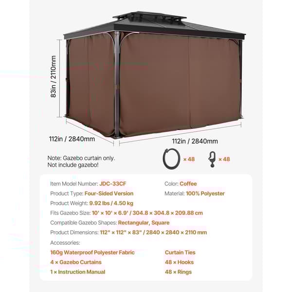 Gazebo-Verho 10' x 10' x 6,9', Yksityisyyden suojaverho, Vedenpitävä, Kahvinvärinen