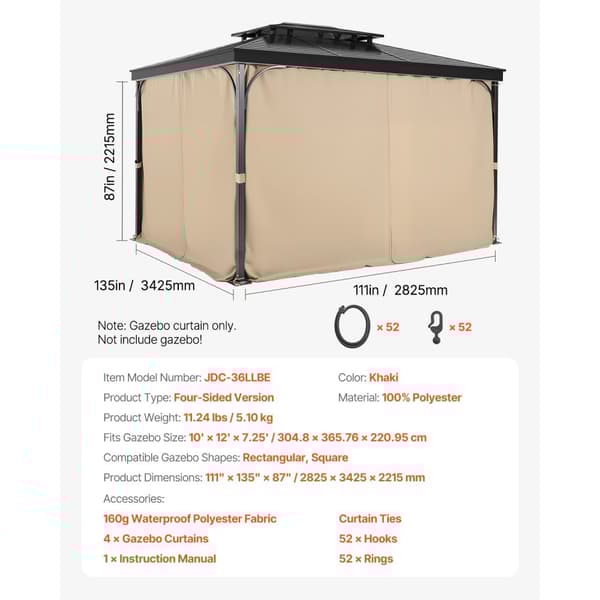 Gazebo Privatlivsgardin, 12' x 10' x 7,3', Vattentäta Gazebo Gardiner, Khaki