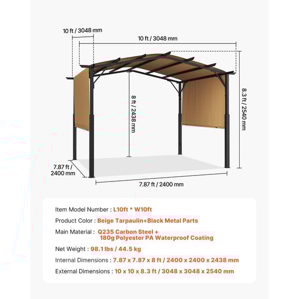 10 x 10 jalkaa ulkokäyttöinen, sisäänvedettävä pergolakatos, kaareva yläosa, metallipergola