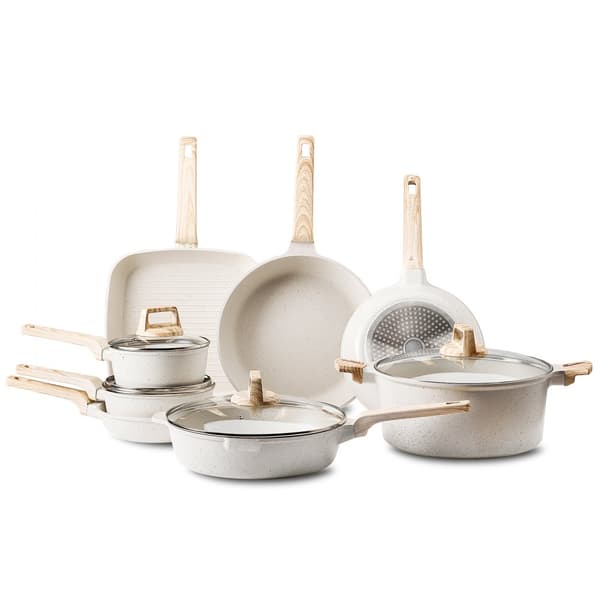 19-delade Grytor och Kastruller, Granit Nonstick, Köksredskap i Vit Färg, Lätt att Rengöra