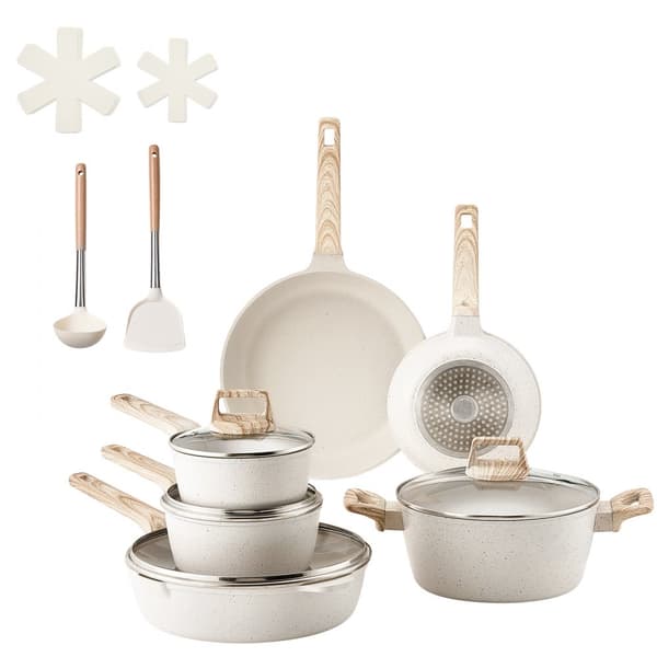 17-delade Köksredskap, Grytor och Kastruller, Granit Nonstick, Vit Färg