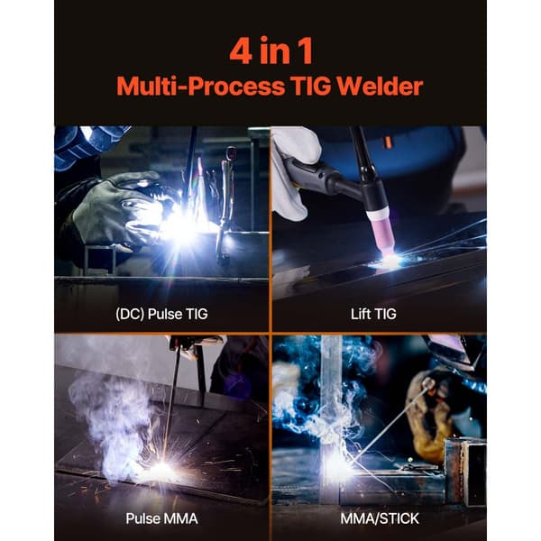 TIG Svejsemaskine 4-i-1, Pulse MMA Lift STICK, IGBT Inverter LED, Kraftfuld og Præcis