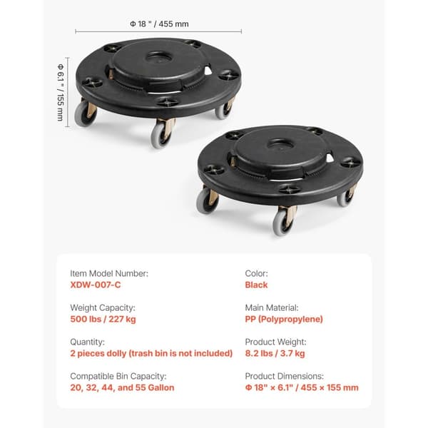 2-pack Rund Papperskorgs-Dolly, Passar 20, 32, 44, 55 Gal Sopbehållare, Robust och Lätt att Flytta