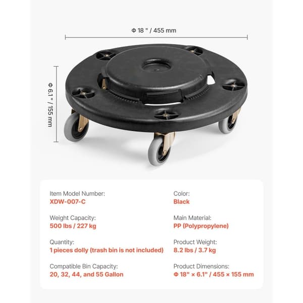 Rund affaldsbeholder Dolly, Passer 20/32/44/55 Gal beholdere, 500 lbs kapacitet