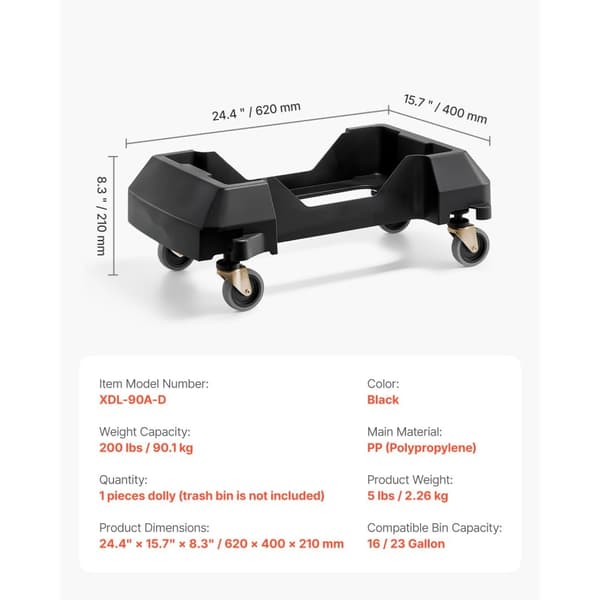 Slim Papperskorg Dolly, Passar 16/23 Gal Behållare, 200lbs Tung Duty, med Hjul