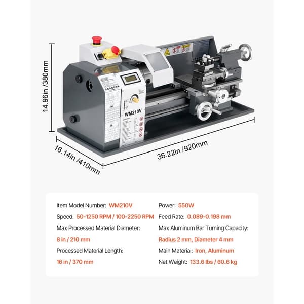 Metallisorvi 8 x 16 in, 550W Pöytäsorvikone, 0-2500 RPM Vaihteleva Nopeus